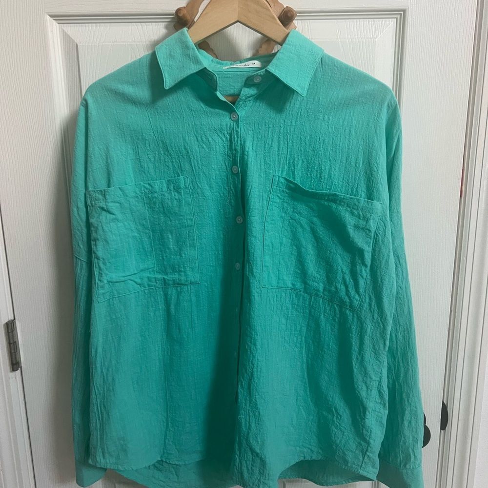 Paint colors women Teal button down 100% cotton summer Shirt